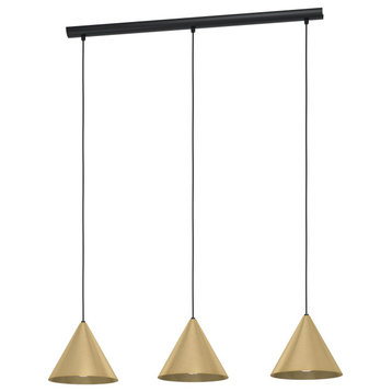Narices, 3 Light Linear Pendant, Structured Black, Brushed Brass Metal Shades