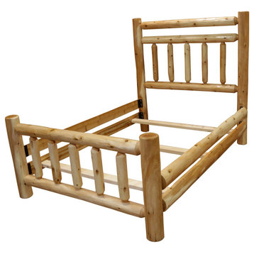 White Cedar Log Rustic Bed with Double Headboard Rail, Queen