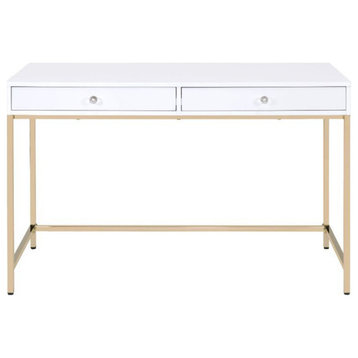2 Drawers Writing Desk, White High Gloss and Gold