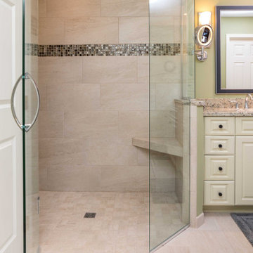 Traditional Primary Bath With a White Vanity and Tower and Curbless Shower