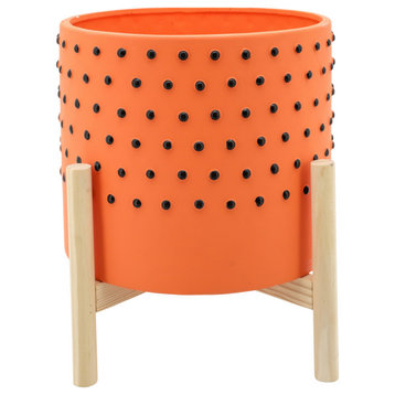 10" Dotted Planter With Wood Stand, Orange