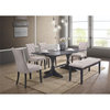 6pc Gray Wood Dining Set with Light Gray Linen Fabric Seats + Bench