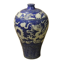 Handmade Ceramic Blue White Dimensional Dragon Pattern Vase Jar - Vases