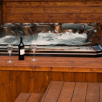 Large Cedar Deck, Hot Tub, and Eating Area with Umbrella