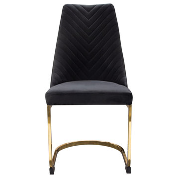 Vogue Set of, 2 Dining Chairs, Black Velvet With Polished Gold Metal Base