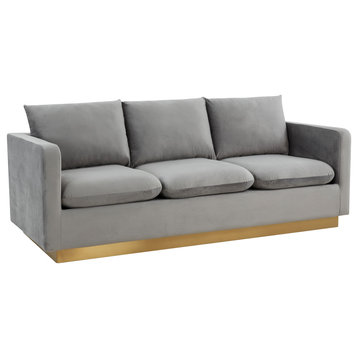 LeisureMod Nervo Modern Velvet Sofa With Gold Base, Light Gray