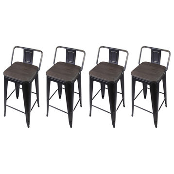 Black Low Back Metal Barstools With Wooden Seat, Set of 4