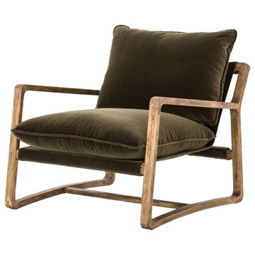 Ava Olive Green Fabric Oak Wood Living Room Arm Chair