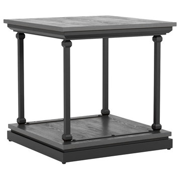 Rustic End Table, Unique Design With Metal Support & Lower Shelf, Antique Grey