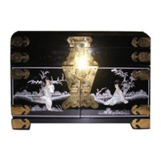Black Lacquer Oriental Jewelry Box Inlaid With Mother of Pearl, Mirror and Silk