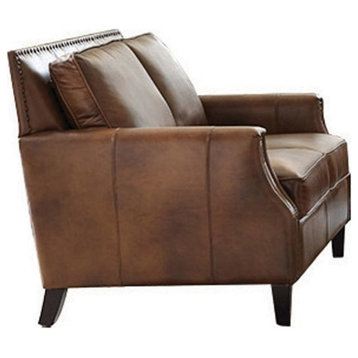 Pemberly Row Farmhouse Leather Upholstered Recessed Arms Loveseat in Brown