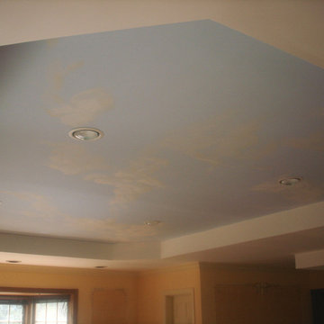 Living room. Mill work. Custom mural. Stencil.
