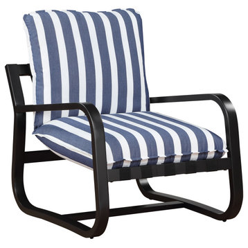 Aspen Outdoor Sling Chair Upholstered in Blue and White Stripe Fabric