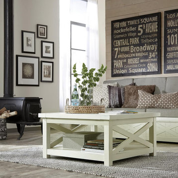Square Coffee Table, X-Shaped Sides With Bottom Shelf & Plank Top, Off White