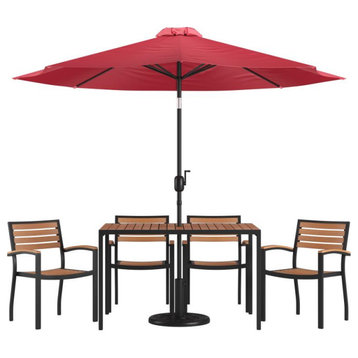 Lark 7 Pc Patio Dining Set-4 Stackable Chairs, 30"x48" Table & Umbrella w/Base,