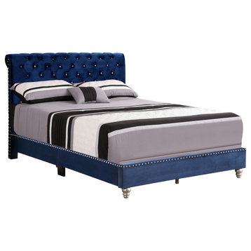 Maxx Navy Blue Tufted Upholstered King Panel Bed