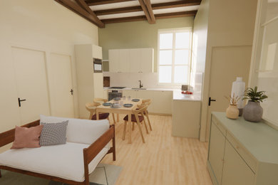 Exemple d'un salon nature de taille moyenne et ouvert avec un mur vert, parquet clair, un téléviseur indépendant, un sol marron et poutres apparentes.