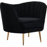 Meridian Furniture - Margo Velvet Upholstered Set, Black, Chair - Lean back and lounge in luxurious style on this stunning Margo black velvet chair by Meridian Furniture. This contemporary loveseat features plush velvet upholstery that is both classy and sumptuous against your skin, and rounded arms that curve into a low, rounded back, creating a perfect, modern piece for your home. Gold stainless steel legs support this chair and provide stunning contrast to the chair's plush, black fabric.