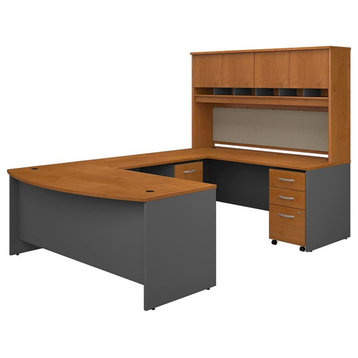 Pemberly Row Bow Front U-Shaped Desk with Hutch and Storage in Natural Cherry