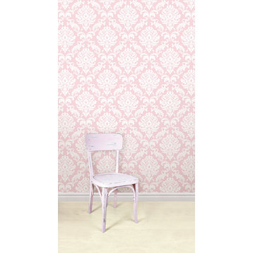 Modern Damask Peel and Stick Wallpaper, Pink/White, 4 Rolls