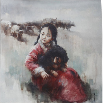 Print on Canvas Girl and Black Tibetan Mastiff