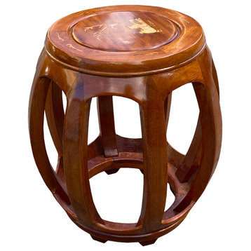 Chinese Golden Brown Mother of Peal Inlay Birds Round Barrel Stool Hws2700