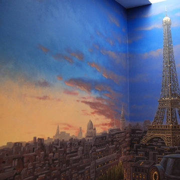 Paris Panorama 360 degree Mural hand painted throughout a 17 foot stairway