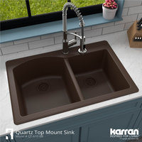 Karran Drop-In Quartz 33" 1-Hole 60/40 Double Bowl Kitchen Sink, Brown