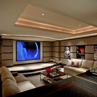 Inspiration for a transitional enclosed carpeted home theater remodel in Detroit