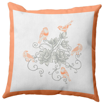 Birds And Flowers Decorative Throw Pillow, Coral, 16"x16"
