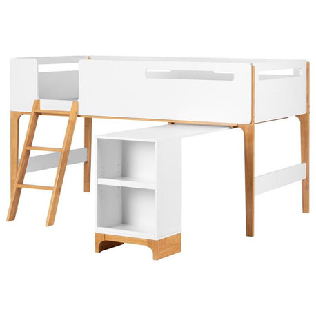 South Shore Bebble Scandinavian Wood Twin Loft Bed with Desk in White & Natural