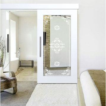 Mirror Sliding Barn Door with Victorian Frosted Designs, 1x Mirror, 26"x84"inche