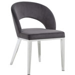 Meridian Furniture - Roberto Velvet Upholstered Dining Chair, Gray, Chrome - Seat dinner guests in elegant style with the Roberto grey velvet dining chair from Meridian Furniture. This fabulous chair features a rounded back with strategically placed opening for visual beauty and to allow air flow while you dine. The rich grey upholstery is chic and modern, and it has a soft feel against the skin. This chair rests on steel iron for superb support, and each leg is finished in chrome for a modish slant that meshes well with your up-to-the-minute dining room decor.