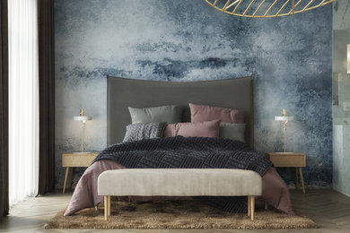 Inspiration for a huge scandinavian master bamboo floor and beige floor bedroom remodel in Brussels with white walls