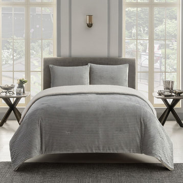 Milonega 3 Piece Sherpa Comforter Set, Grey, Queen