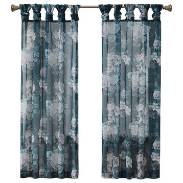 Madison Park Simone Printed Floral Twist Tab Top Voile Sheer Curtain, Navy
