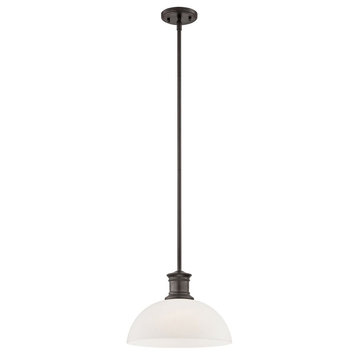 Industrial Bronze Pendant Light with White Glass 13-Inch Wide