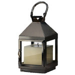 Serene Spaces Living - Serene Spaces Living Burnished Silver Lantern, Small: 8in H - This silver burnished lantern is made of steel and has clear glass panels. They are versatile and can be used in a modern and classic setup for a wedding, event or party. 2 sizes available. Sold individually small measures 8in H and large measures 16in H. The 8in lantern can accommodate a 3in D candle. The 16in one can fit a 4in D candle.
