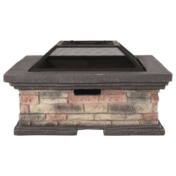 Neosho Outdoor Lightweight Concrete Wood Burning Square Fire Pit, Stone Finish