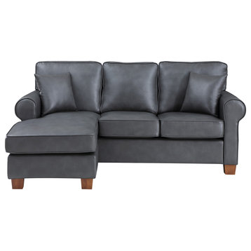Rylee Rolled Arm Sectional, Pewter Faux Leather With Pillows and Coffee Legs