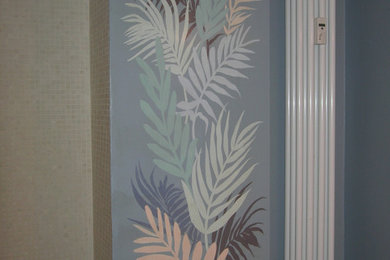 Immagine di un piccolo bagno di servizio bohémian con piastrelle beige e pareti blu