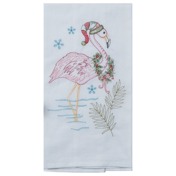 Christmas Holiday Flamingo with Wreath Embroidered Flour Sack Kitchen Dish