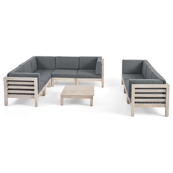 Dawn Outdoor 9-Piece Acacia Wood Sectional Sofa Set With Coffee Table, Weathered Gray/Dark Gray