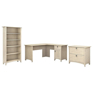 Salinas 60W L Desk w/ File Cabinet & Bookcase in Antique White - Engineered Wood