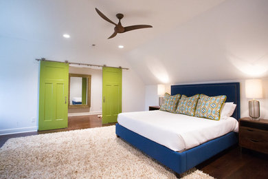 Transitional master dark wood floor bedroom photo in Other with white walls and no fireplace