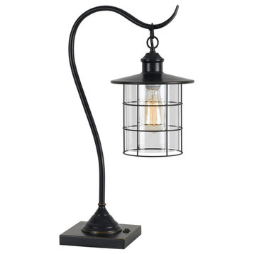25" Bronze Metal Lantern Style Desk Lamp With Edison Bulb
