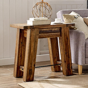 Rustic Industrial Side Table, Acacia Wood Construction With Metal Rod Accent