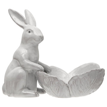 Stoneware Rabbit Figurine with Flower Shaped Bowl, White