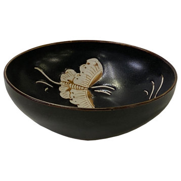 Chinese Ware Brown Black Glaze Butterflies Ceramic Bowl Cup Display Hws3157