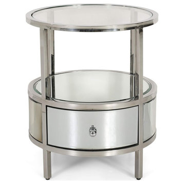 Modern End Table, Stainless Steel Frame With Mirror Paneling & Drawer, Silver